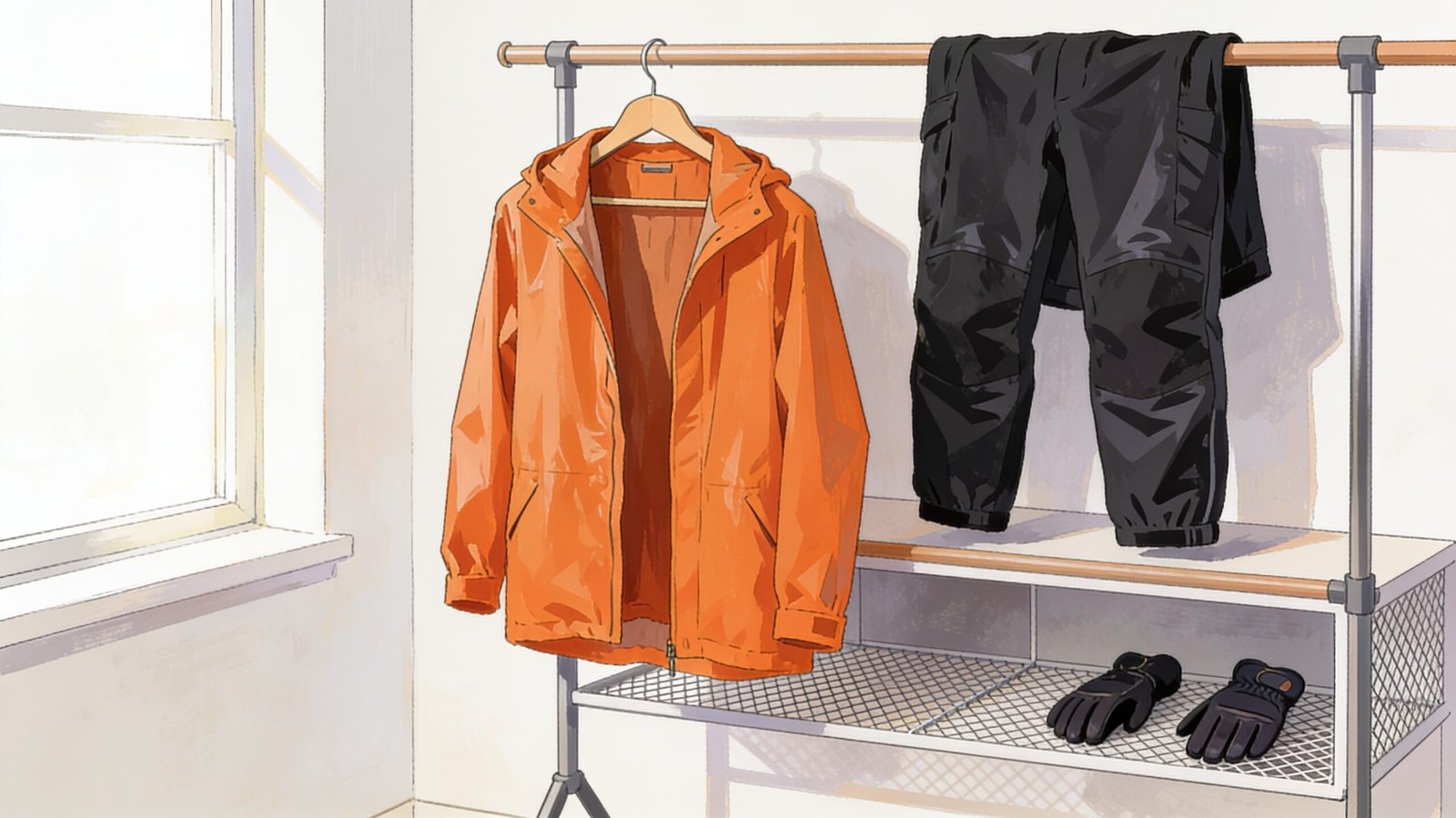 Une veste orange, un pantalon sombre et des gants sont disposés sur un séchoir.