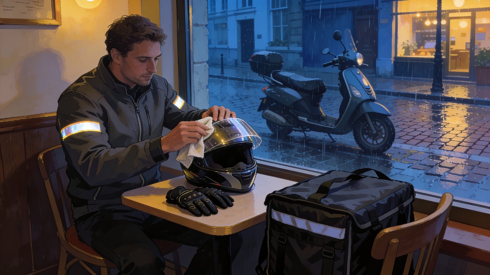 Illustration IA fictive : un livreur nettoie la visière de son casque pendant une pause à l’abri.