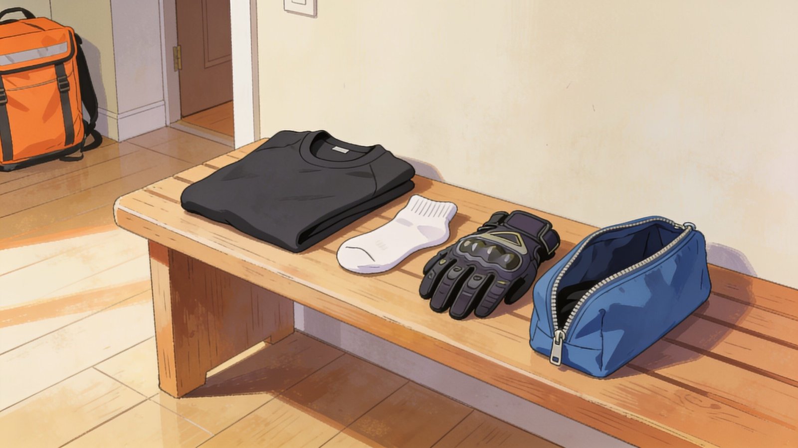 Un vêtement plié, une chaussette, des gants et une pochette bleue sont disposés sur un banc.