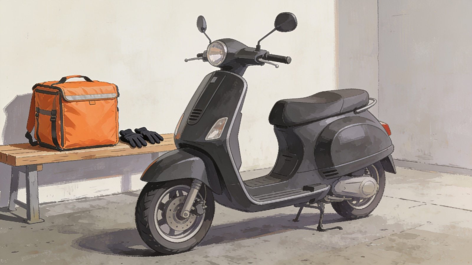 Un scooter gris est stationné près d’un banc portant un sac de livraison et des gants.