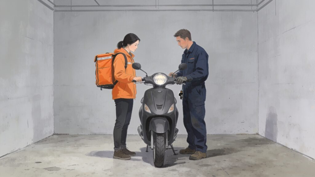 Une livreuse et un mécanicien examinent un scooter dans un atelier.