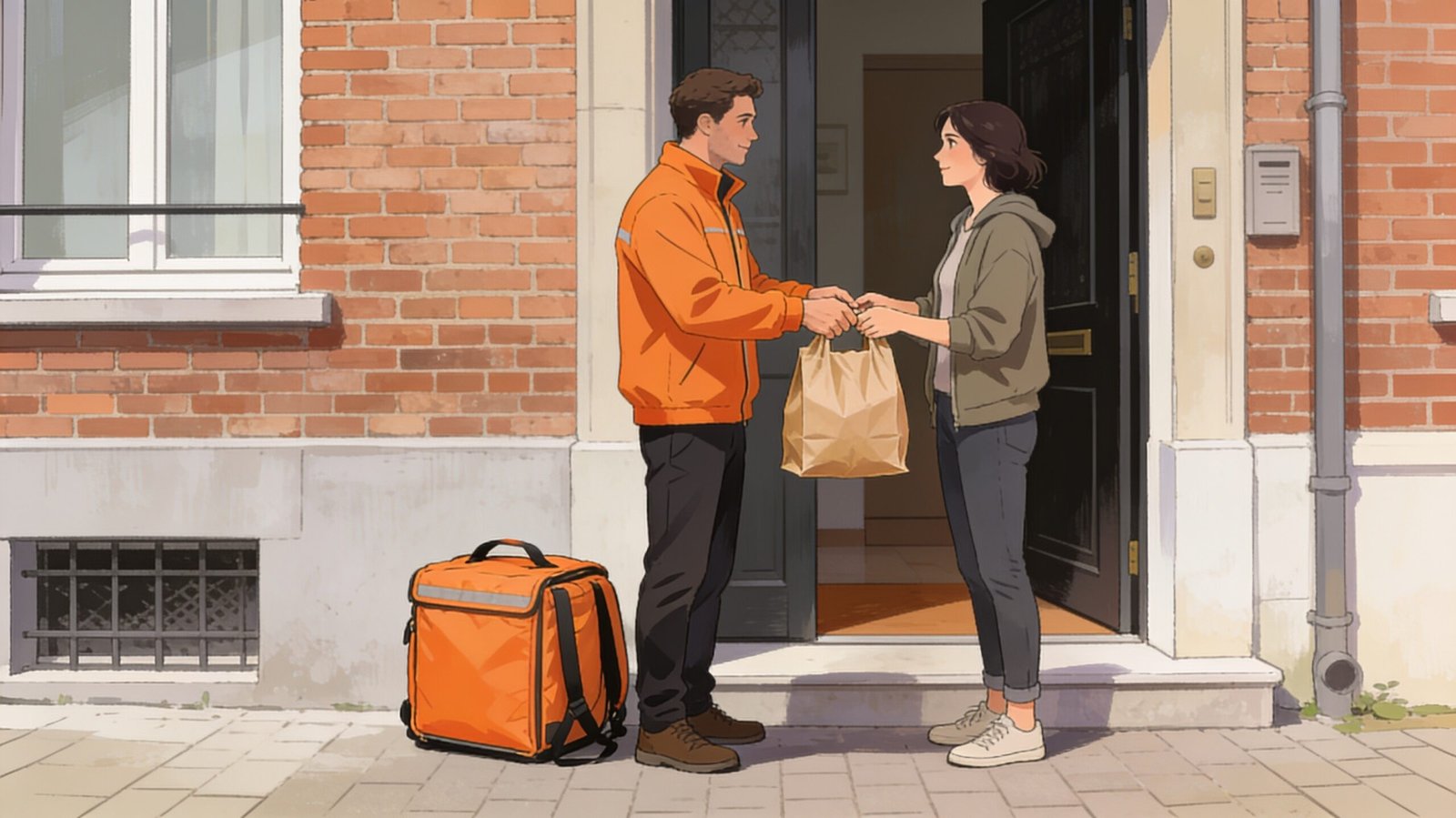 Un livreur remet un sac en papier à une cliente devant sa porte.