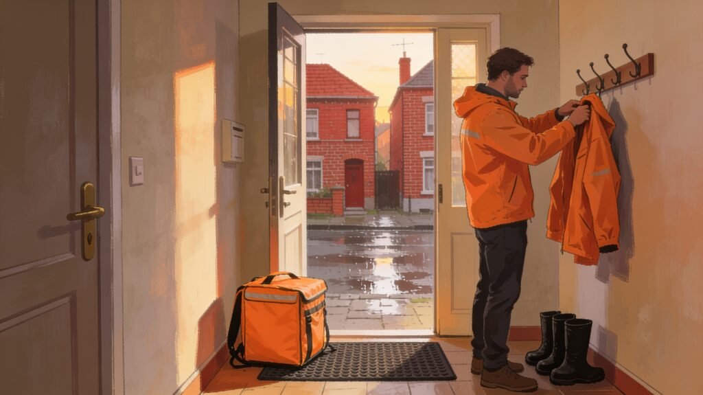 Un livreur suspend une veste orange dans son entrée après la pluie.