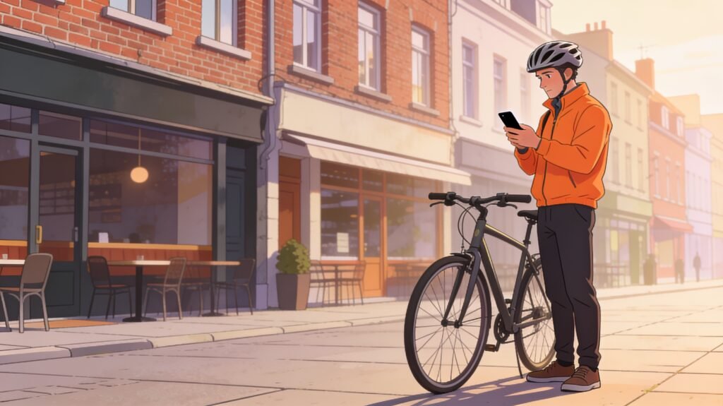 Livreur à vélo consultant son téléphone dans une rue belge