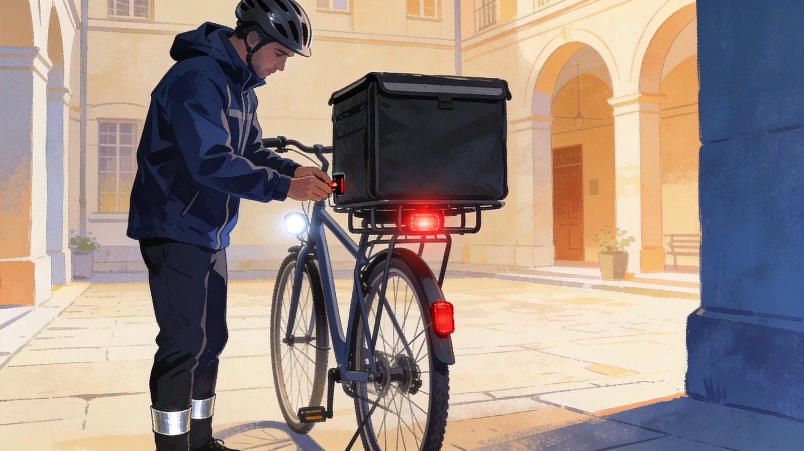 Illustration IA fictive : un livreur vérifie l’éclairage de son vélo avec le sac de livraison installé.