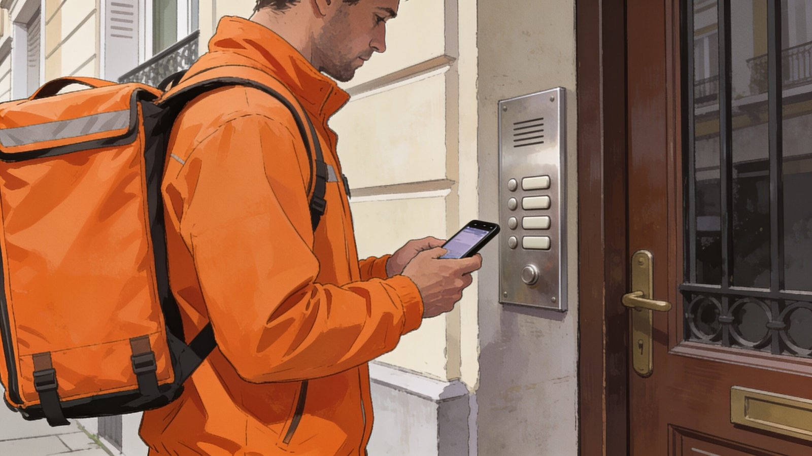 Un livreur consulte son téléphone devant un interphone d’immeuble.