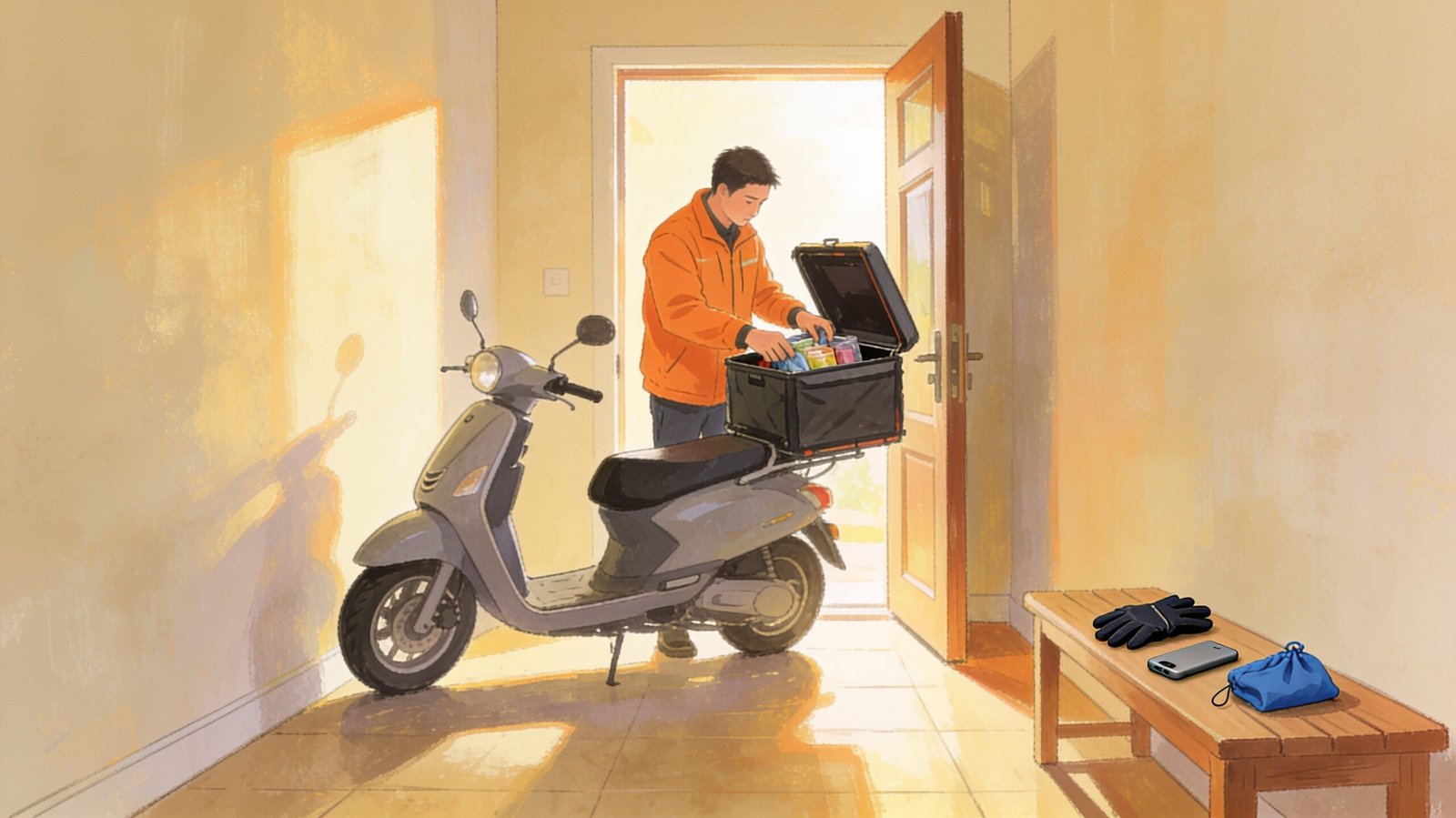 Un livreur retire des objets du coffre de son scooter près d’une entrée.