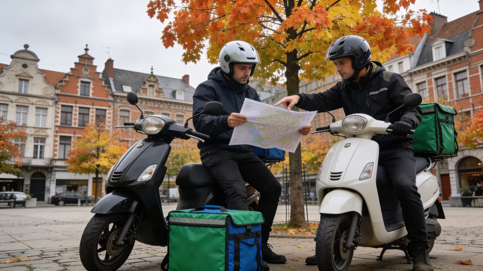 Deux livreurs comparent leurs résultats pendant une pause près de leurs scooters.