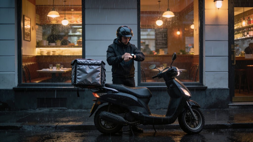 Un livreur attend devant un restaurant bruxellois, près de son scooter.