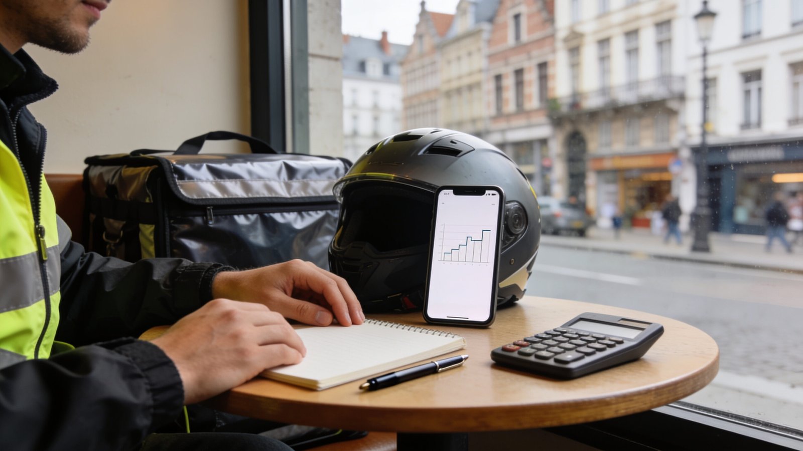 Un livreur prépare son bilan de service avec un carnet et une calculatrice.